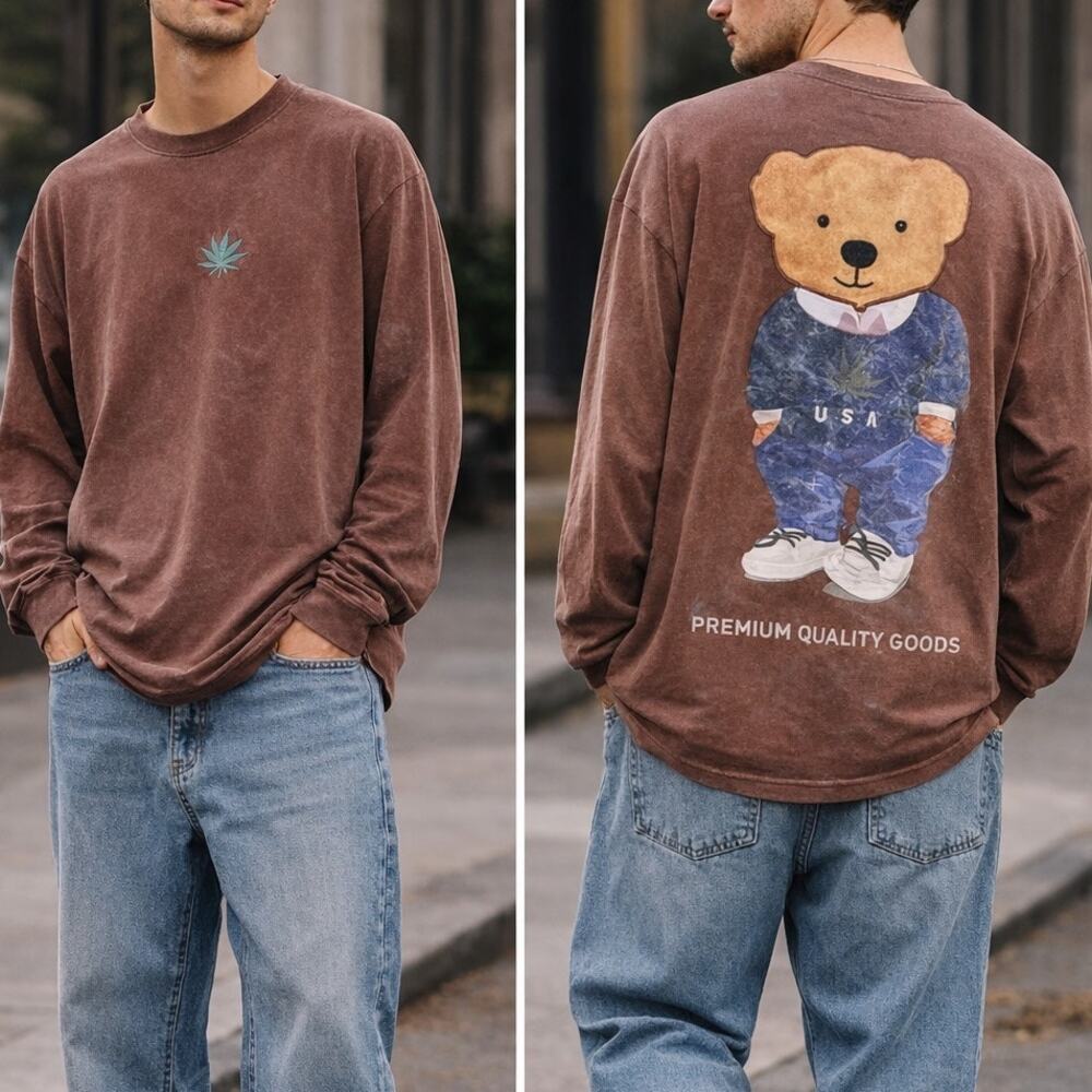 Prime Essentials Shirt NWT Bear Graphic Long Sleeve Brown Streetwear Small